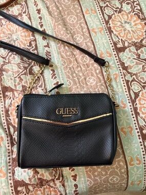 GUESS Black Faux-Snakeskin Crossbody with Gold Hardware